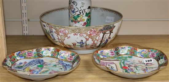 A quantity of 18th / 19th century Chinese ceramics including a pair of Chinese vases, a large bowl and a lamp bowl diameter 32cm